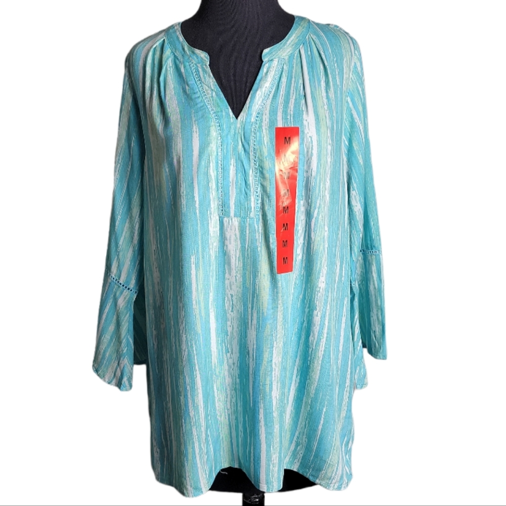 Gloria Vanderbilt Nova tunic top green white printed v neck women's size M